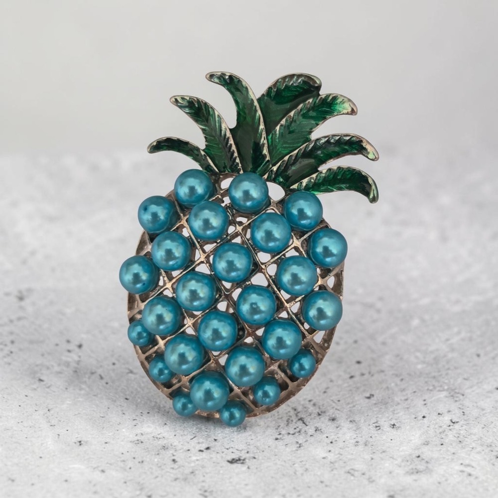 Blue Pearl Pineapple Green Enamel Silver-Tone Fashion Brooch